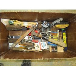 LOT OF ASSORTED TOOLS, BRUSHES, LEVELS, TAPE MEASURE, FILES