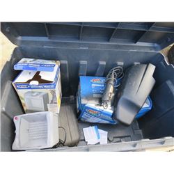 PLASTIC TOOL BOX W/ ROTARY TOOL, HEATER, EXTENSTION MIRRORS