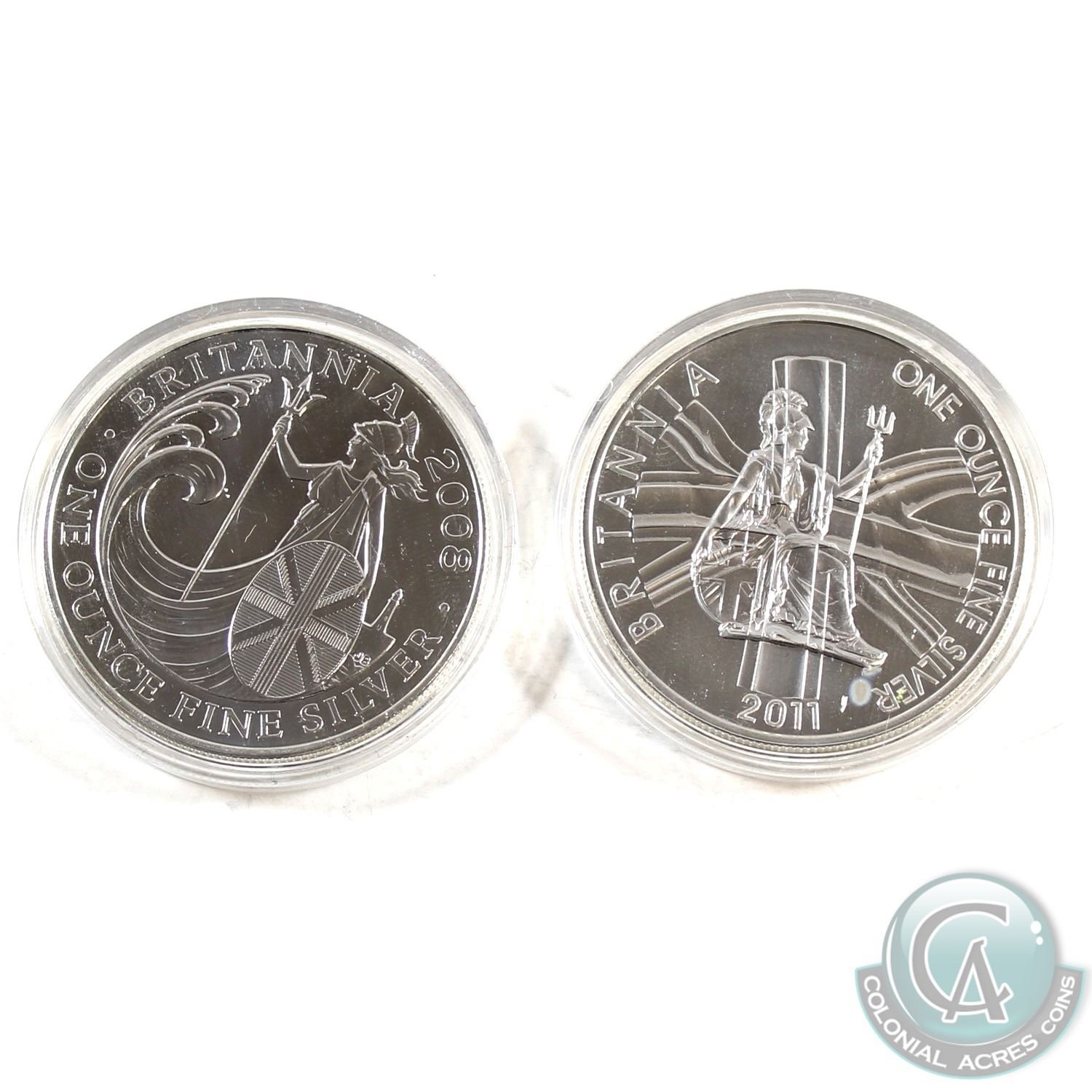 2008 & 2011 Great Britain 1oz Fine Silver Coins (2008 capsule scuffed ...