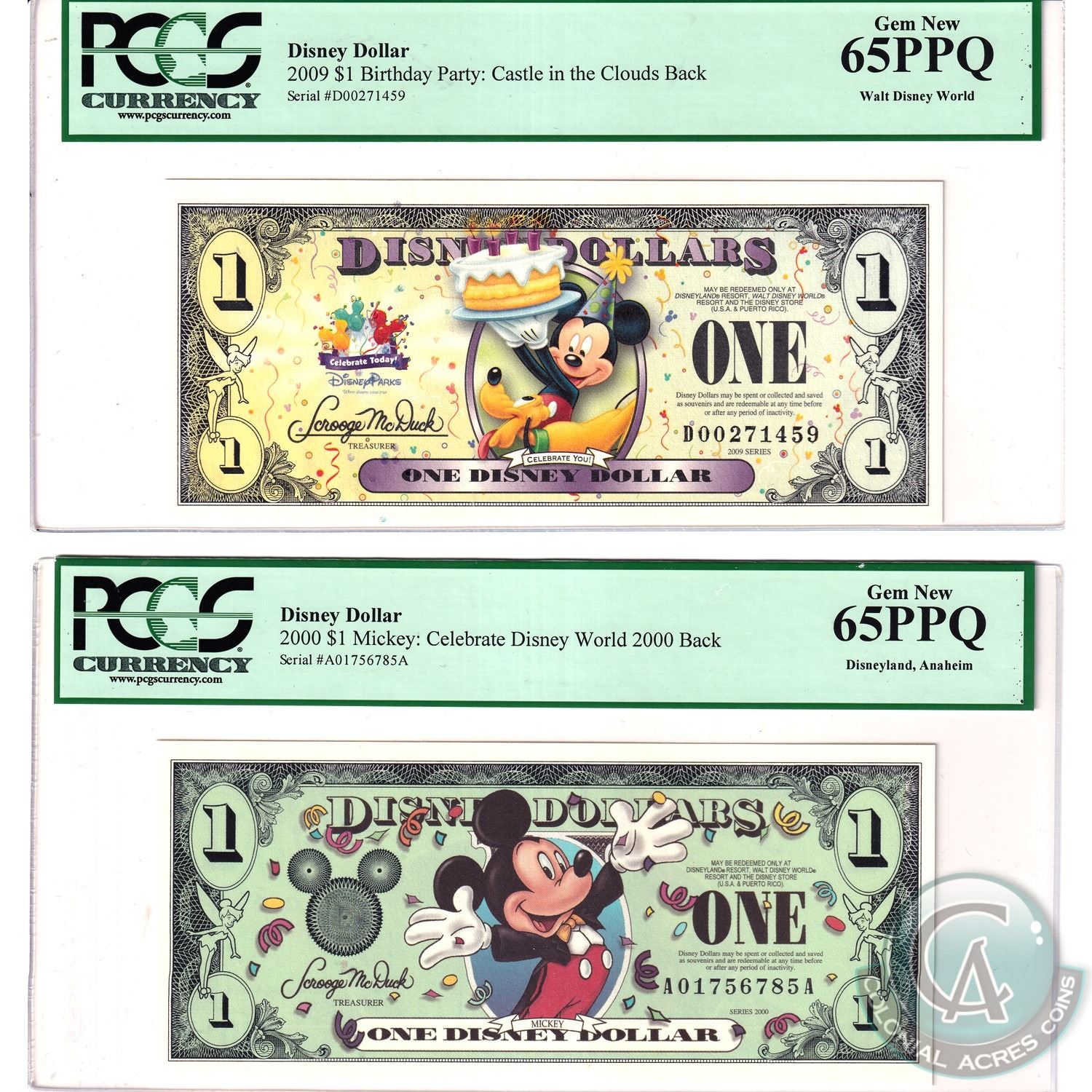 Disney Dollars 2000 & 2009 PCGS Certified Notes. You will receive the