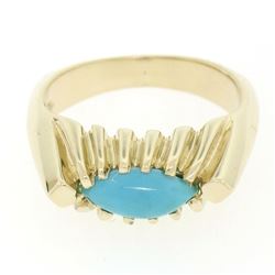 14k Gold Ribbed Marquise Cabochon Robin Egg Turquoise Solitaire Ring