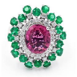 5.74 ctw Pink Tourmaline, Emerald and Diamond Ring - 14KT White Gold