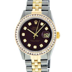 Rolex Mens 2 Tone 14K Maroon Princess Cut Diamond Datejust Wristwatch With Rolex