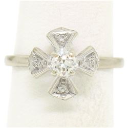 14k White Gold European Cut Diamond Solitaire Ring w/ Single Cut Accents
