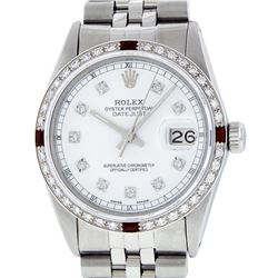 Rolex Mens Stainless Steel White Diamond & Ruby 36MM Datejust Wristwatch