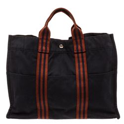 Hermes Brown Blue Navy Canvas Sac Fourre MM Tote Bag