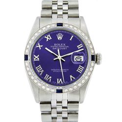 Rolex Mens Stainless Steel Purple Roman Diamond & Sapphire Datejust Wristwatch