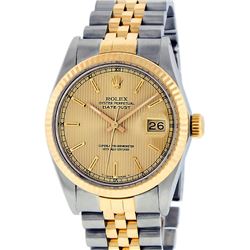 Rolex Mens 2 Tone 14K Champagne Tapestry Index 36MM Datejust Wristwatch