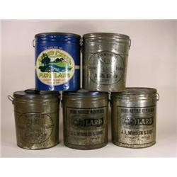 Five 50 lb. Lard tins from Sawyers