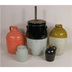 Five pieces crockery, one butter churn