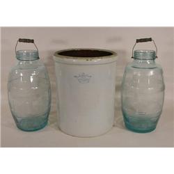 Twelve gal. pickle crock and pickle jars