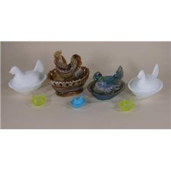 Six hen on nest candy dishes, rooster