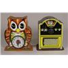 Image 1 : Two early tin banks of owl clock and radio