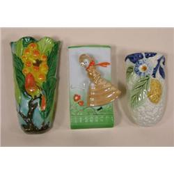 Three Japanese wall pockets, bird in tree