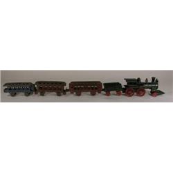 Ives cast iron train engine/tender w/3 car