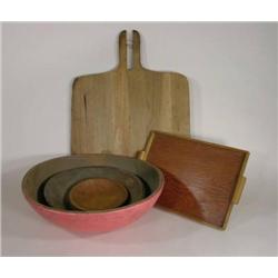 Six various wood items, early bowls