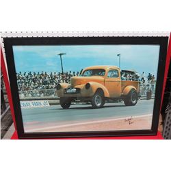 Framed Yellow Willy's Pick Up Race Truck Print Signed by Ron