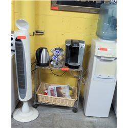Water Cooler w/ Jug, Tower Fan, Keurig Coffee Maker & Pods, etc