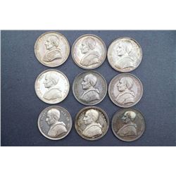 Pope Leo XIII - Vatican - 1878-1900, 9 Pcs. Annuals Years 1-23 AE-44 Silvered bronzes.