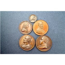 Four mid-sized, one small, Medals of Composers, Musicians 19th Century.