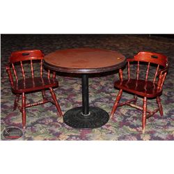 ROUND WOOD TABLE W/ 2 WOOD ARMCHAIRS
