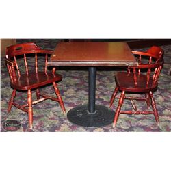 32" X 32" SQUARE WOOD TABLE W/ 2 WOOD ARMCHAIRS
