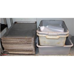LOT OF BAKING PANS, PLASTIC TUBS, OIL BOTTLES &