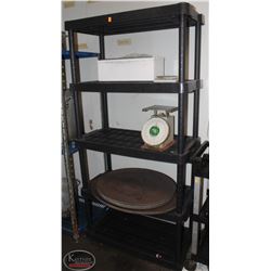 BLACK 5 TIER STORAGE RACK WITH CONTENTS