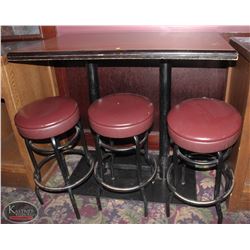 48" X 30" WOOD TABLE WITH 3 PADDED BAR STOOLS