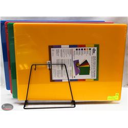 SET OF 4 MIXED COLOURED CUTTING BOARDS & RACK