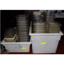 2 TOTES OF PLASTIC & STAINLESS STEEL INSERTS