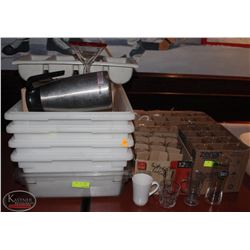 LARGE LOT OF ASSORTED GLASSWARE, TOTES & MORE