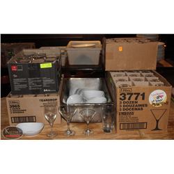 4 CASES OF GLASSWARE & WHITE BOWLS.