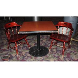 32" X 32" SQUARE WOOD TABLE W/ 2 WOOD ARMCHAIRS
