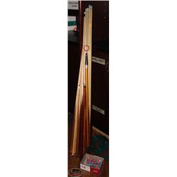 LOT OF 11 POOL CUES ( NO TIPS), CHALK &