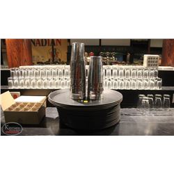 BAR LOT INCL. APPROX. 100 SHOT GLASSES, TRAYS,DRINK