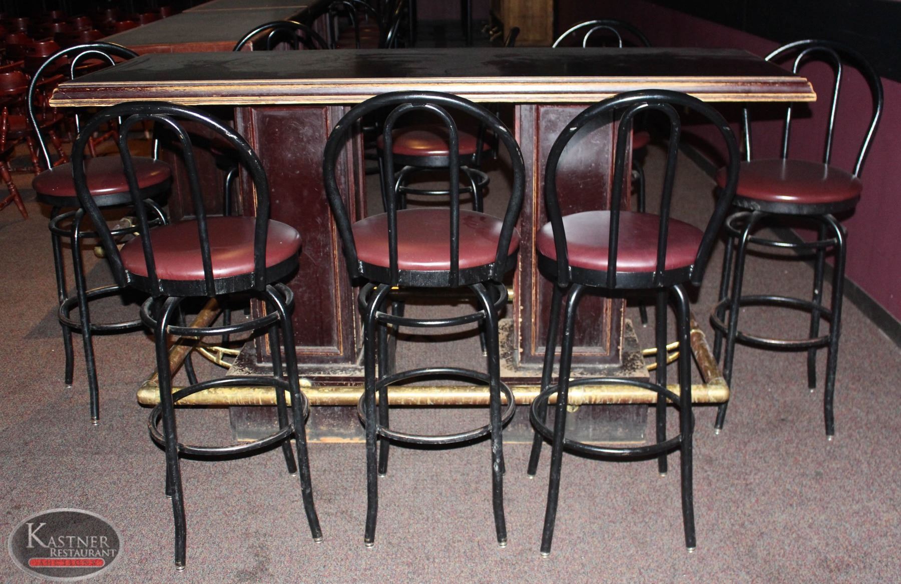 DOUBLE PEDESTAL BAR TABLE W/ BRASS FOOT RAIL & Kastner Auctions