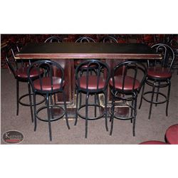 DOUBLE PEDESTAL BAR TABLE W/ 8 PADDED SWIVEL HIGH