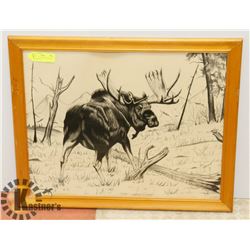 VINTAGE 1971 SIGNED CHARCOAL MOOSE SKETCH