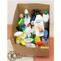BOX OF HOUSEHOLD CLEANERS, SOME USED