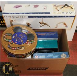 ESTATE BOX OF YOGA SUPPLIES, STAR TREK PUZZLE, AND