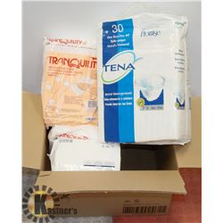 BOX OF VARIOUS TENA. SURE CARE AND PADS