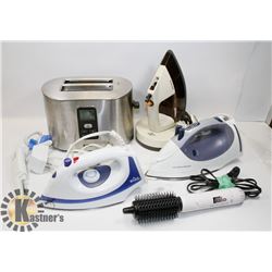 ESTATE BOX WITH THREE IRONS, A TOASTER, AND MORE