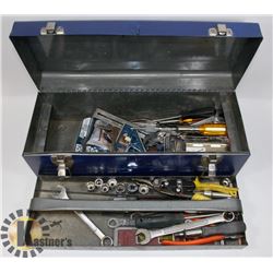 BLUE STEEL TOOL BOX WITH 2 LEVELS OF TOOLS