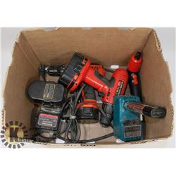 FLAT OF VARIOUS BATTERIES, DRILLS, AND CHARGERS