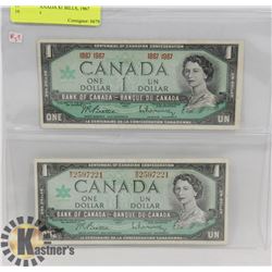LOT OF 2 CANADA $1 BILLS, 1967 1967 NO S/N