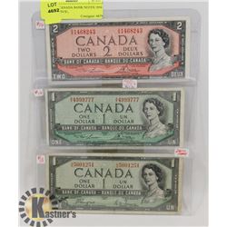 LOT OF 3 CANADA BANK NOTES 1954 $2 BILL, 1954 $1,