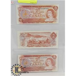 LOT OF 3 CANADA $2 BILLS 1974