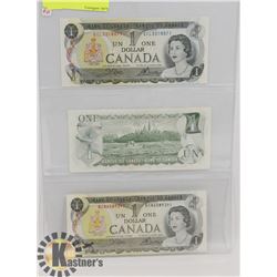 LOT OF 3 CANADA $1 BILLS 1973