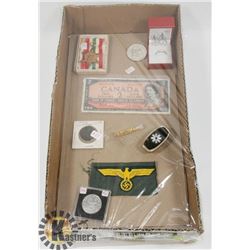 FLAT OF ASSORTED JEWELLERY, CURRENCY AND